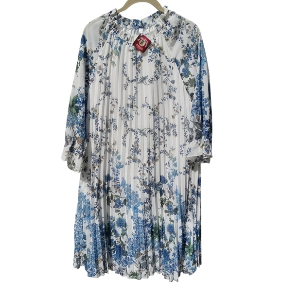 Floral Pleated Chiffon Dress Blue Puff Sleeve Sz Large by ePretty - Picture 2 of 9